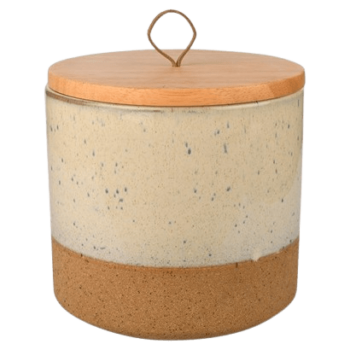 Stoneware Jar With Wood Lid & Leather Loop