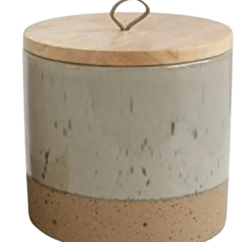 Stoneware Jar With Wood Lid & Leather Loop