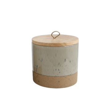Stoneware Jar With Wood Lid & Leather Loop