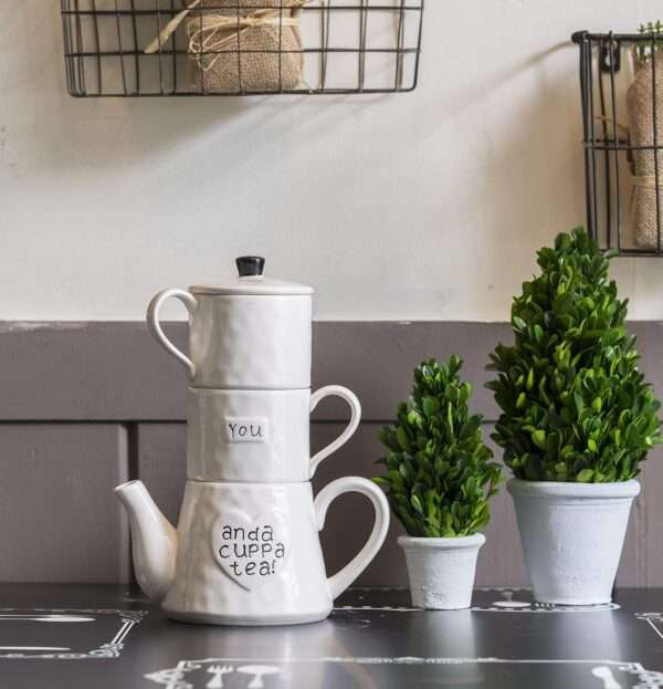 White Stoneware You Me And A Cuppa Tea Teapot and Mugs Set - Image 6