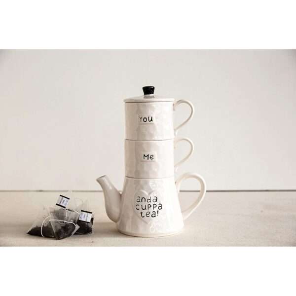 White Stoneware You Me And A Cuppa Tea Teapot and Mugs Set - Image 2