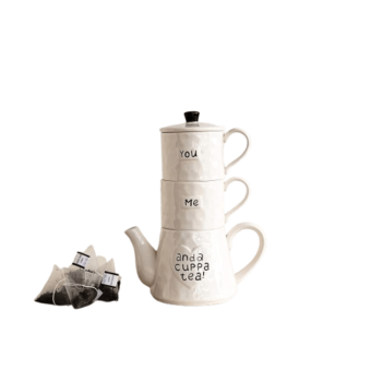 White Stoneware You Me And A Cuppa Tea Teapot and Mugs Set