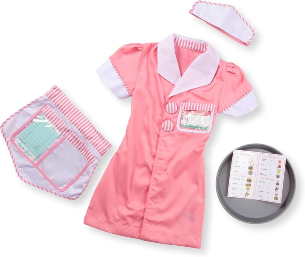 Melissa & Doug Waitress Role Play Costume Set - 7 pcs - Includes Apron, Order Pad, Cap - Image 3