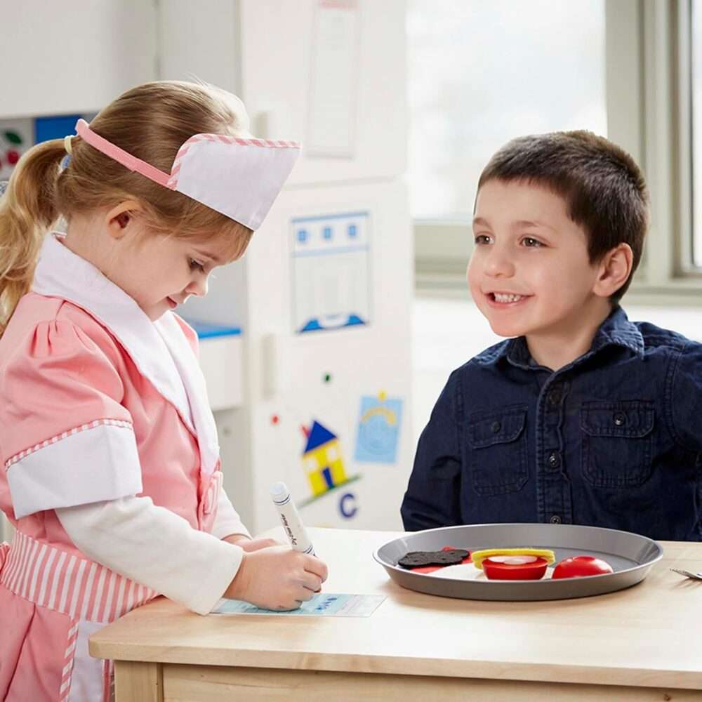 Melissa & Doug Waitress Role Play Costume Set - 7 pcs - Includes Apron, Order Pad, Cap - Image 9