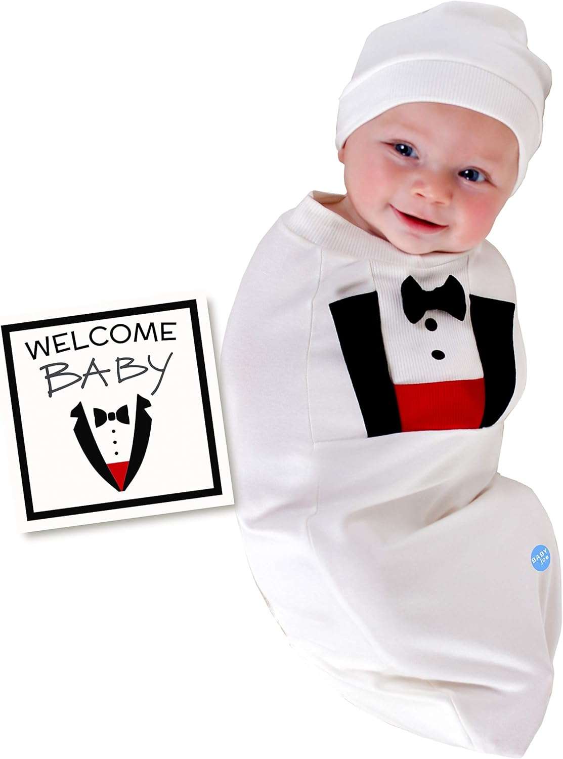 Cozy Cocoon – Swaddle with Hat and Announcement Card – Tuxedo Baby - Image 2