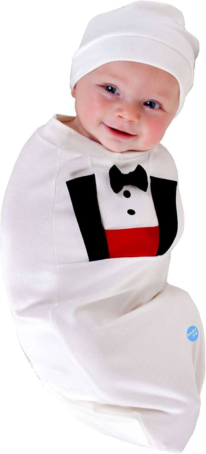 Cozy Cocoon – Swaddle with Hat and Announcement Card – Tuxedo Baby - Image 3