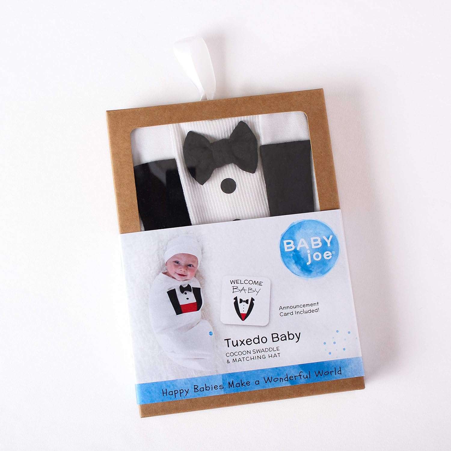 Cozy Cocoon – Swaddle with Hat and Announcement Card – Tuxedo Baby - Image 4