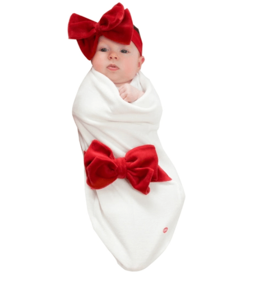 Cozy Cocoon – Swaddle with Hat and Announcement Card – Red Velour Bow - Cream - Image 2