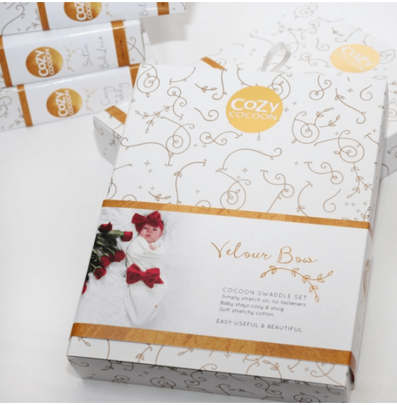 Cozy Cocoon – Swaddle with Hat and Announcement Card – Red Velour Bow - Cream - Image 4