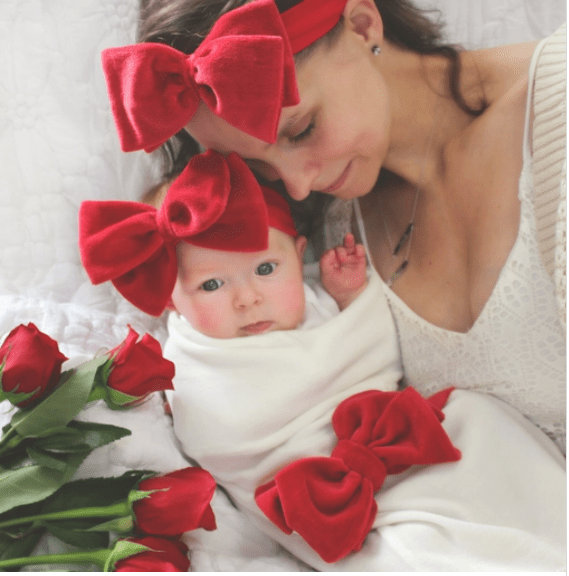 Cozy Cocoon – Swaddle with Hat and Announcement Card – Red Velour Bow - Cream - Image 5