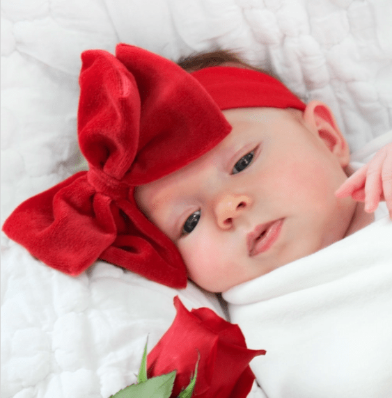 Cozy Cocoon – Swaddle with Hat and Announcement Card – Red Velour Bow - Cream - Image 6