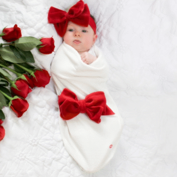 Cozy Cocoon – Swaddle with Hat and Announcement Card – Red Velour Bow - Cream